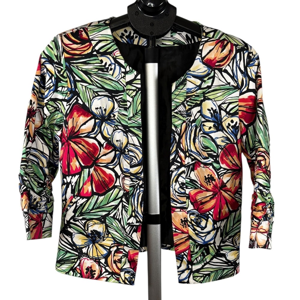 Coldwater Creek Floral Blazer Womens P12 Petite Open Front Ruched 3/4 Sleeve